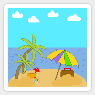 A vacation on a beach with palm trees, Ocean, sky and clouds with Umbrella, suitcase and beach toys. Sticker